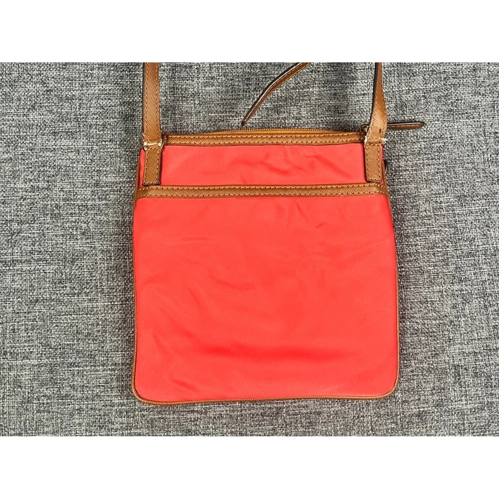 Michael Kors Red Nylon Tan Leather Trim Crossbody Bag Gold Logo Small Messenger